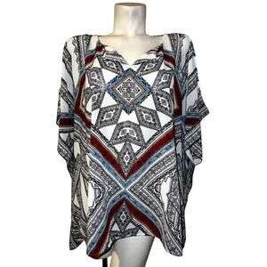 Chico's Top Size XL (3) Black White Red Blue V-Neck Geo Print Kimono Blouse
